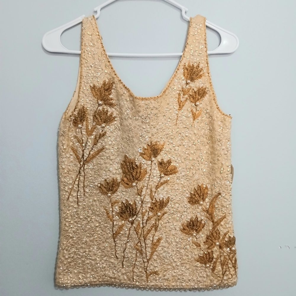 UNBRANDED 1950'S-60'S EmbelliIshed Floral Sequin & Pearl Tank Top